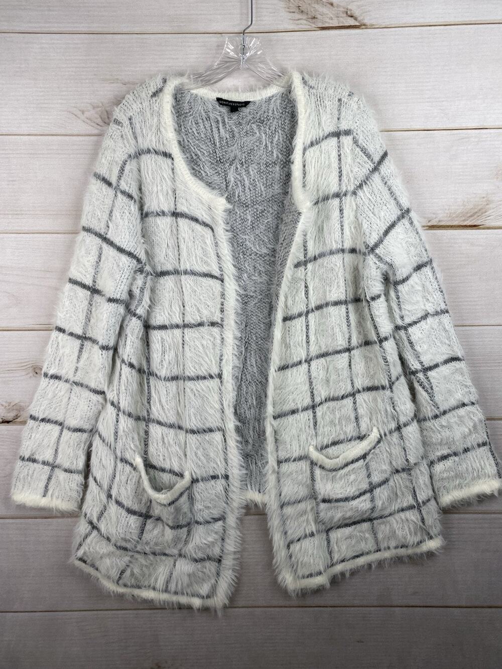 Signature Studio Cardigan Sweater Womens XL White Gray Open Front Pockets Fuzzy